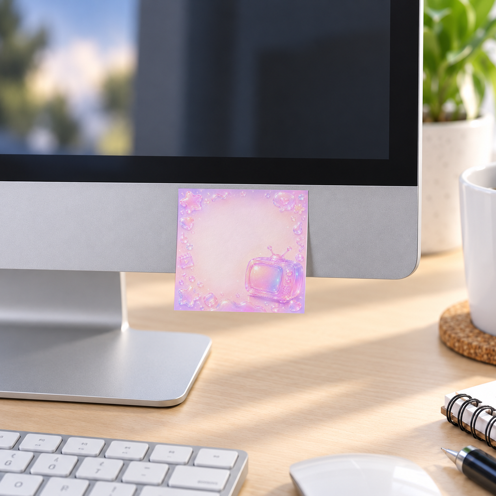 Pastel Retro TV memo pad in an office or home workspace
