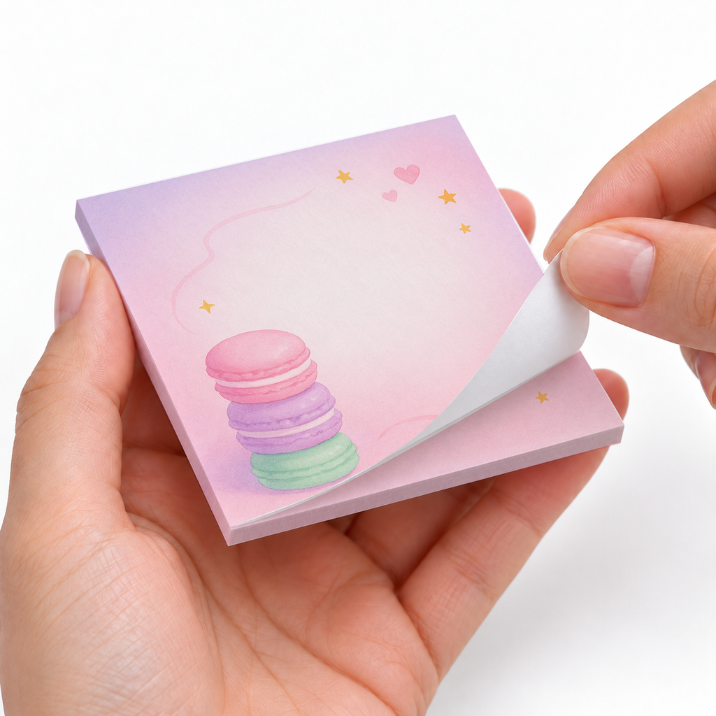 Stacked Macarons Watercolor sticky notes styled with a planner and desk accessories