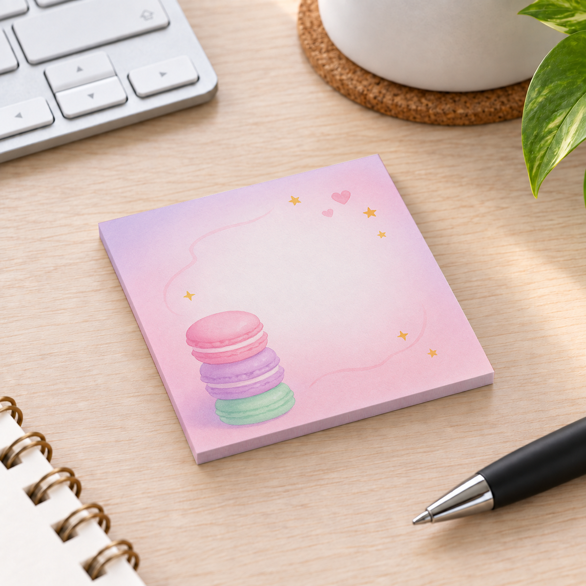 Close-up of Stacked Macarons Watercolor sticky note design and writable area