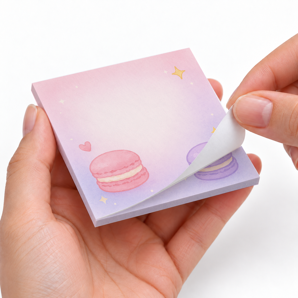 Pink and Purple Macaron Duo sticky notes styled with a planner and desk accessories