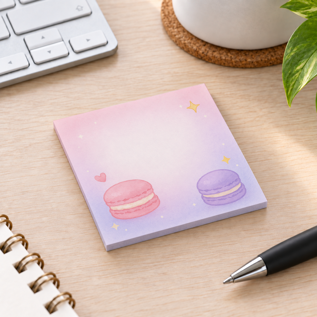 Close-up of Pink and Purple Macaron Duo sticky note design and writable area