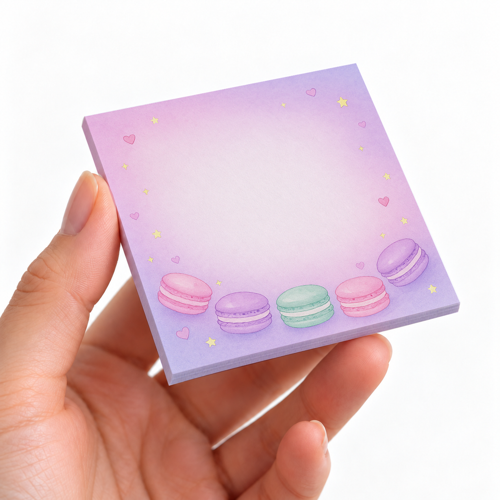 Pastel Macaron Border sticky note pad on a desk with stationery