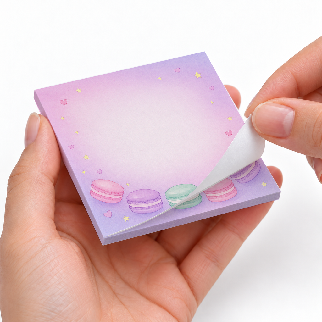 Pastel Macaron Border sticky notes styled with a planner and desk accessories