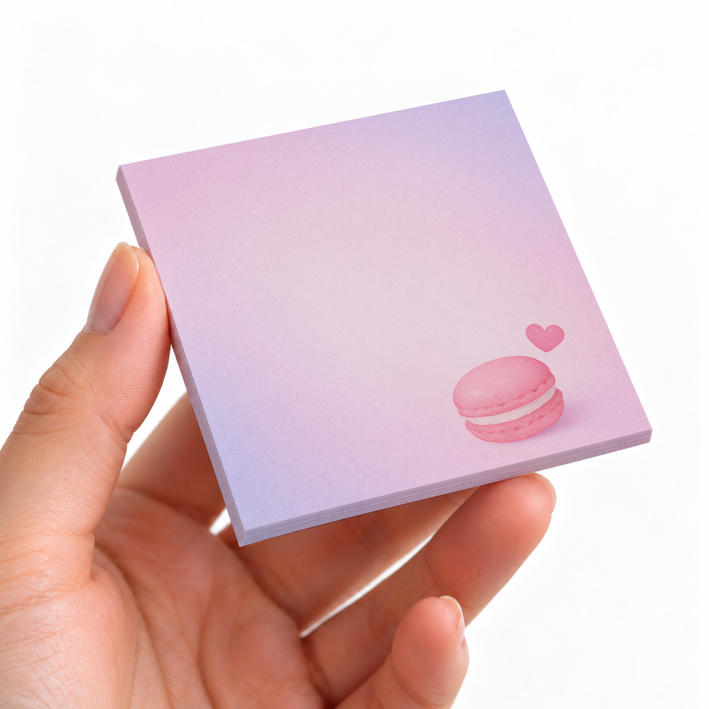 Minimalist Pink Macaron sticky note pad on a desk with stationery