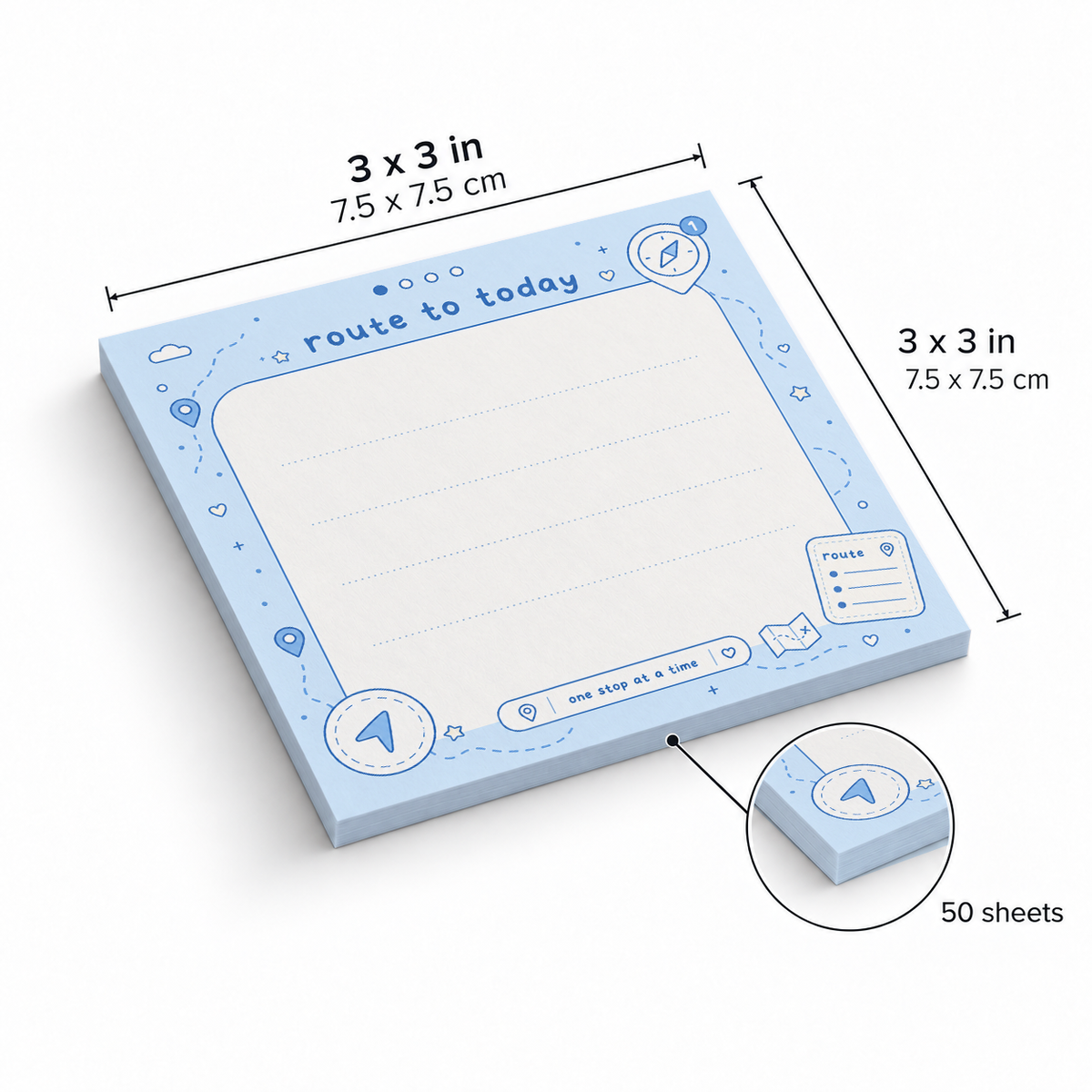 Route to Today Blue Navigation sticky notes, 3x3 in (7.5 x 7.5 cm), 50 sheets