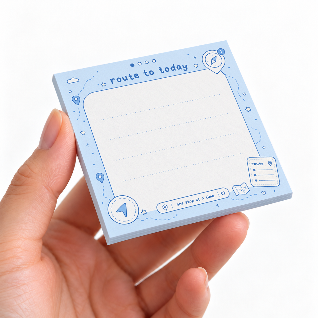 Route to Today Blue Navigation sticky note pad on a desk with stationery
