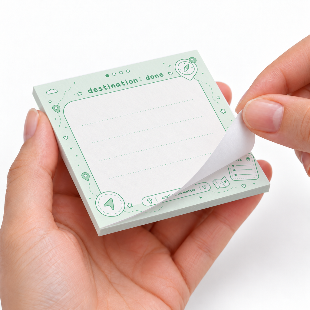 Destination Done Green Map sticky notes styled with a planner and desk accessories