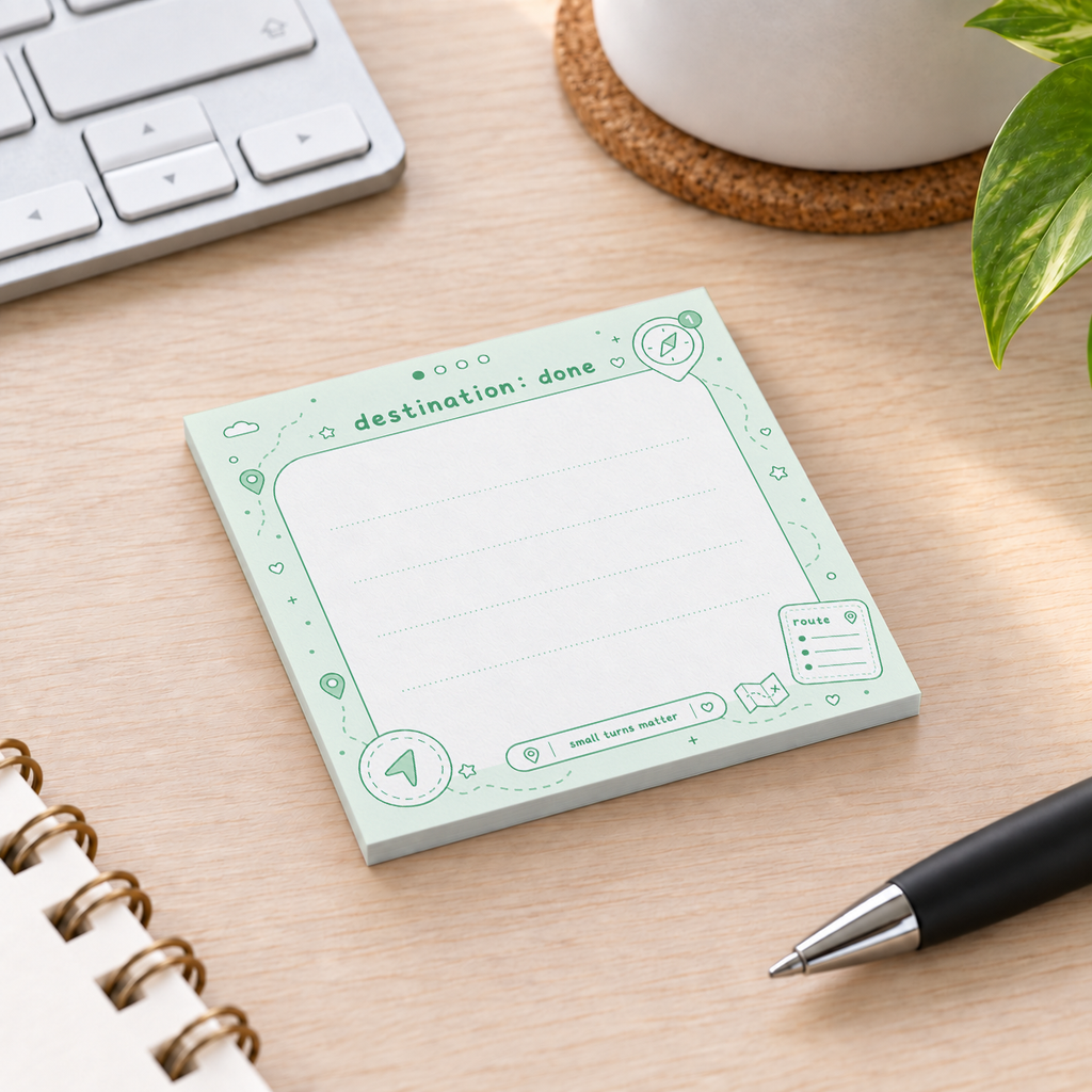 Close-up of Destination Done Green Map sticky note design and writable area