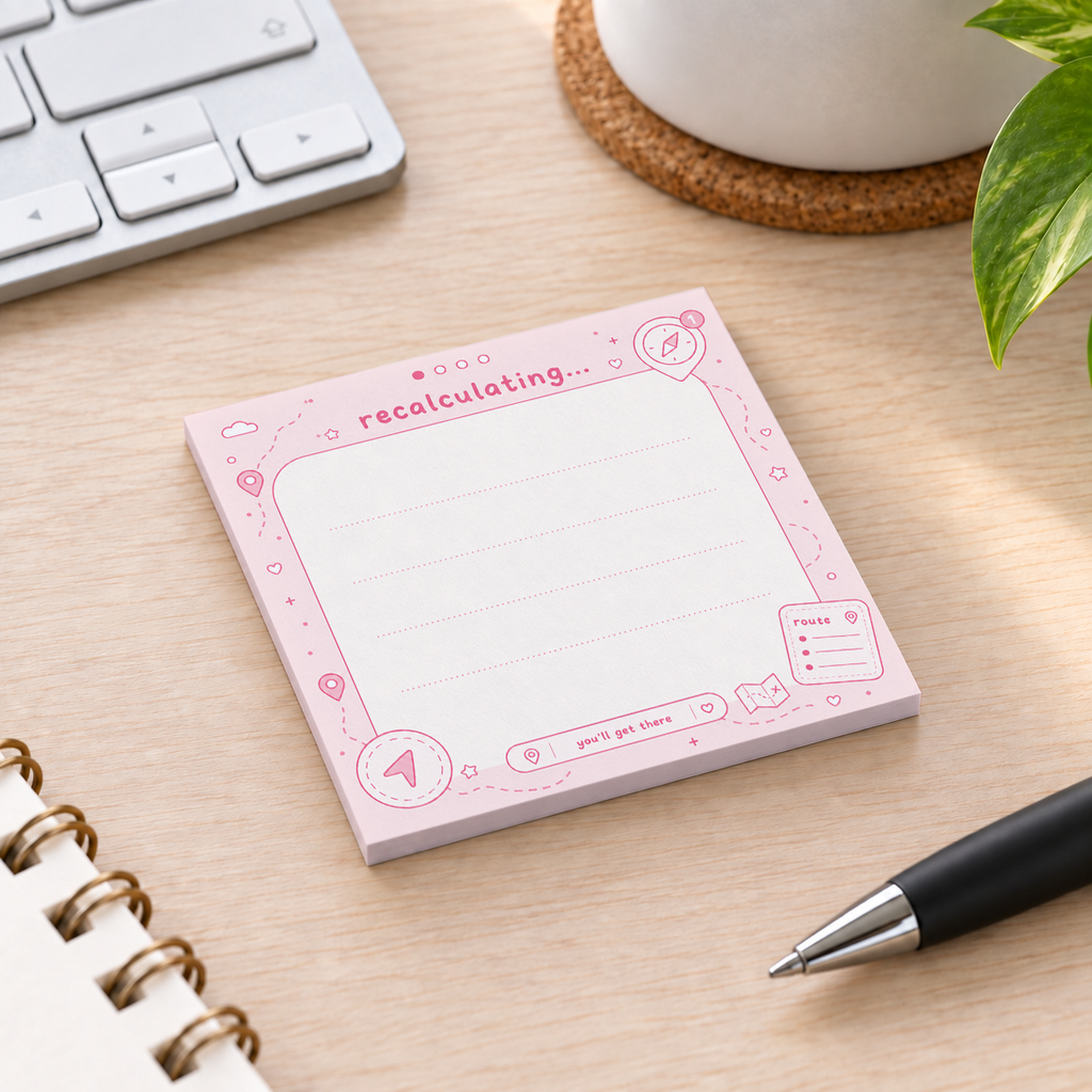 Close-up of Recalculating Pink Navigation sticky note design and writable area