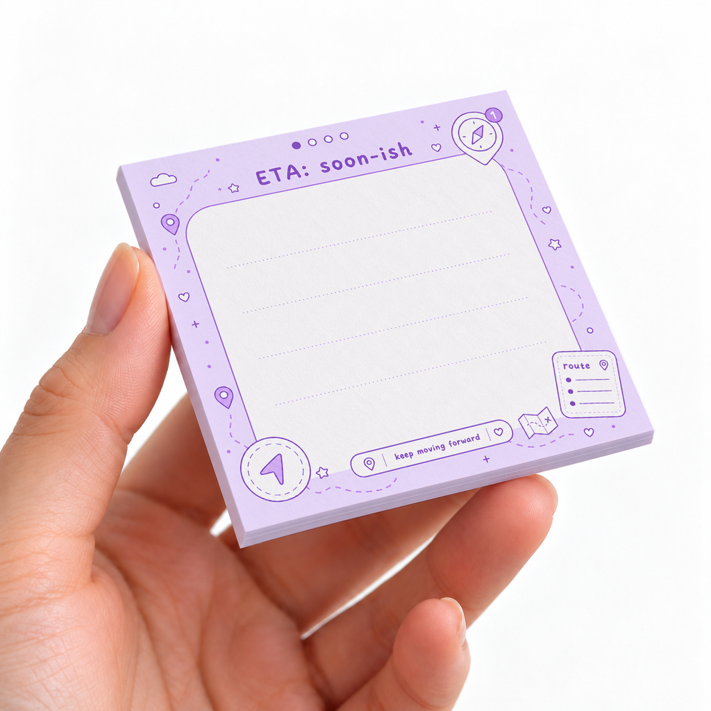 ETA Soon sticky note pad on a desk with stationery