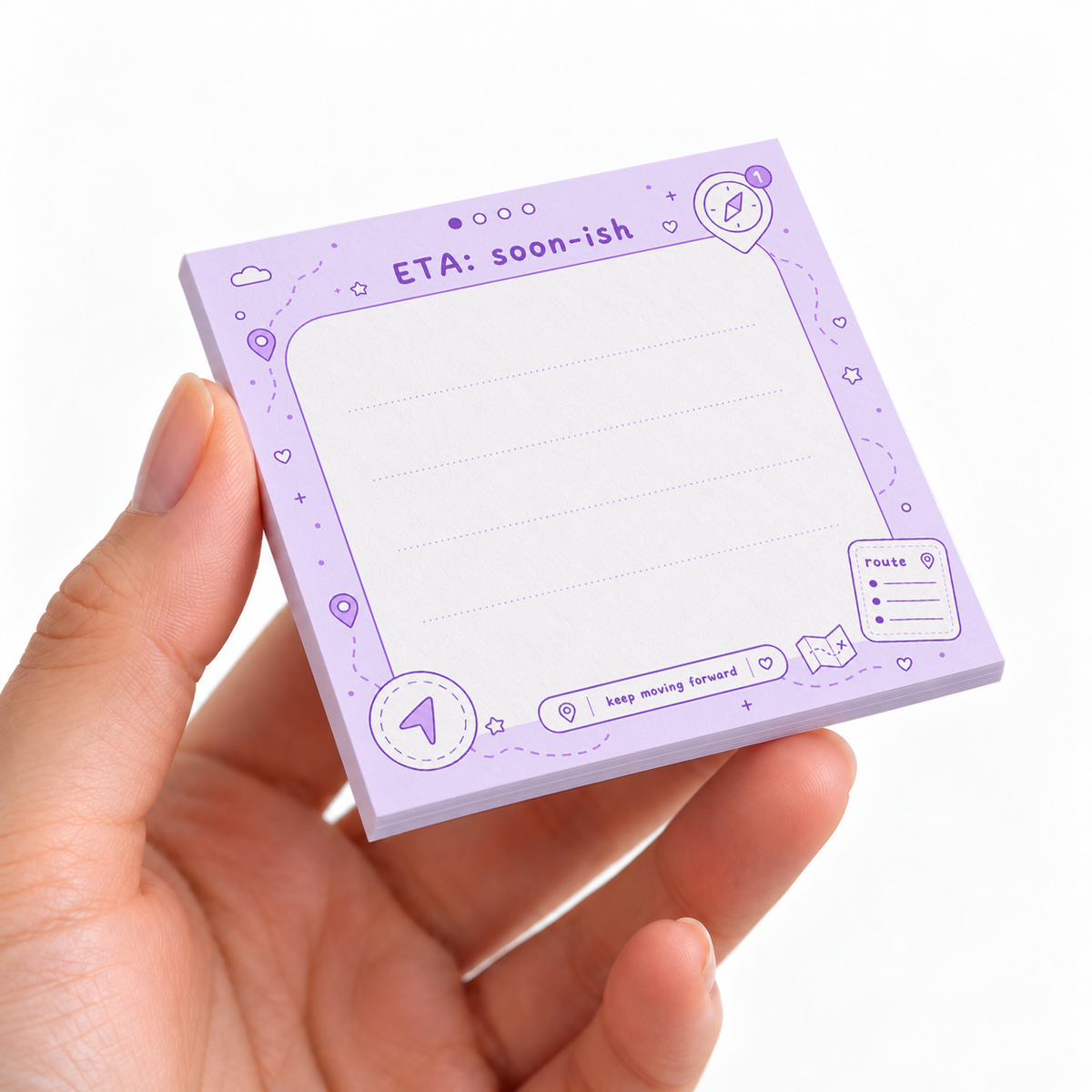 ETA Soon sticky note pad on a desk with stationery