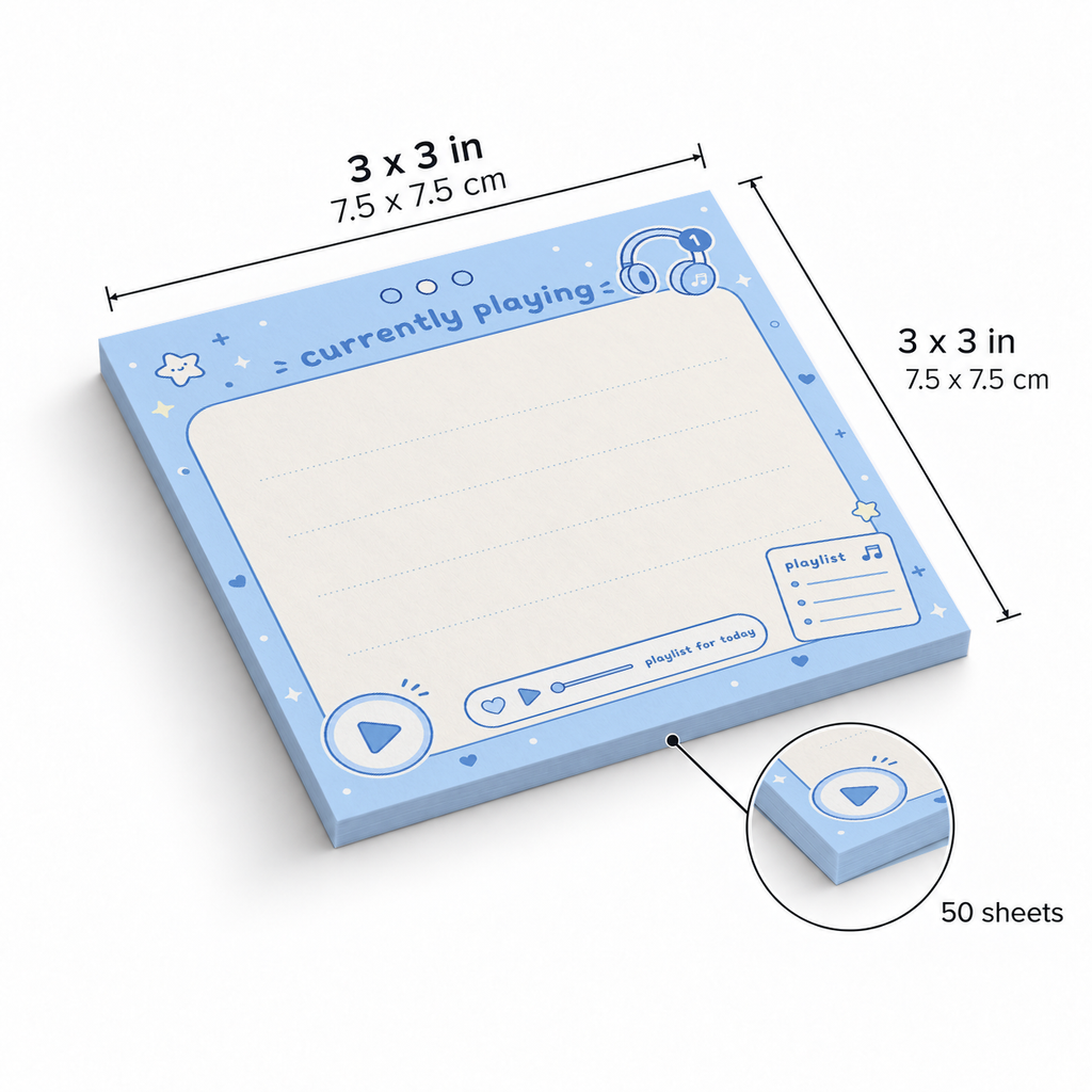 Blue Music Player Sticky Notes - Currently Playing sticky notes, 3x3 in (7.5 x 7.5 cm), 50 sheets