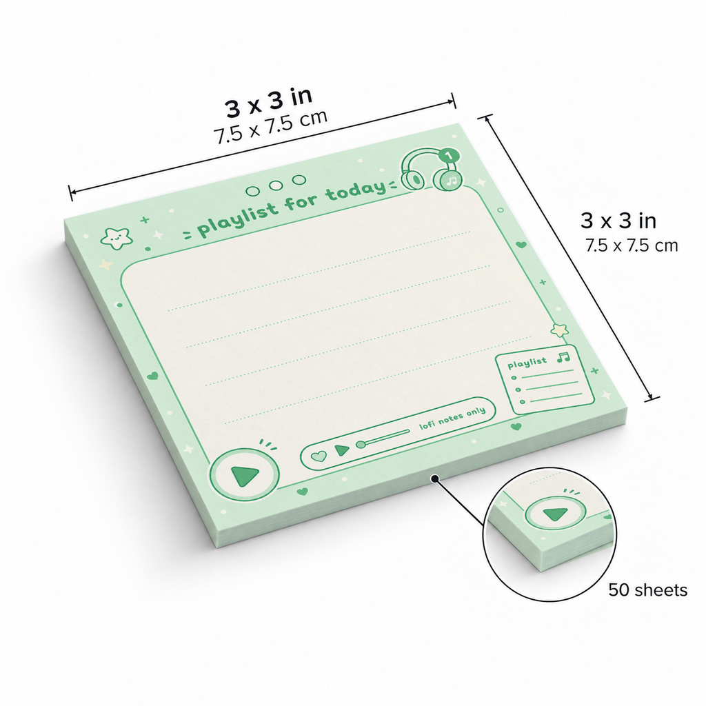 Green Playlist Memo Pad - Lofi Notes Only sticky notes, 3x3 in (7.5 x 7.5 cm), 50 sheets