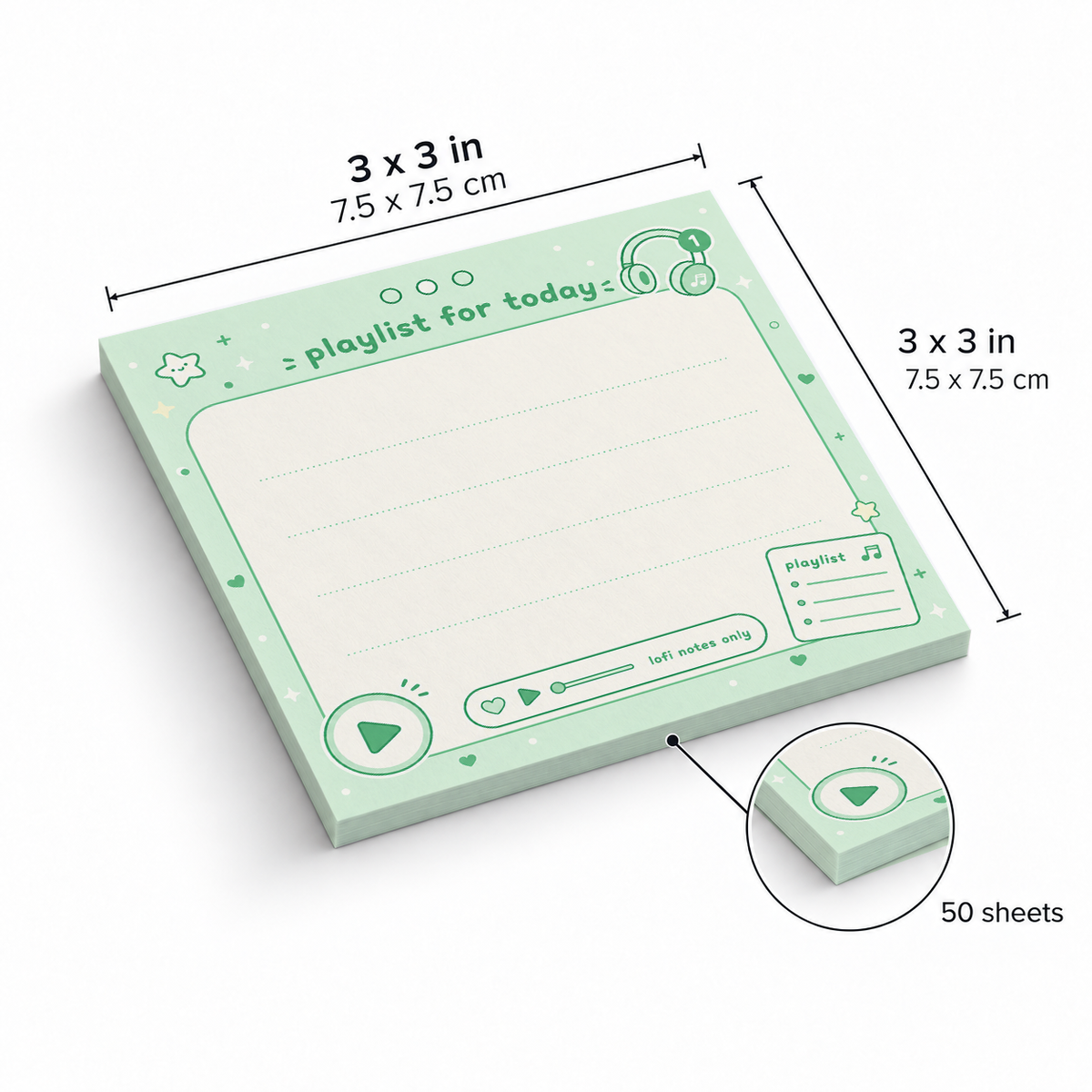 Green Playlist Memo Pad - Lofi Notes Only sticky notes, 3x3 in (7.5 x 7.5 cm), 50 sheets
