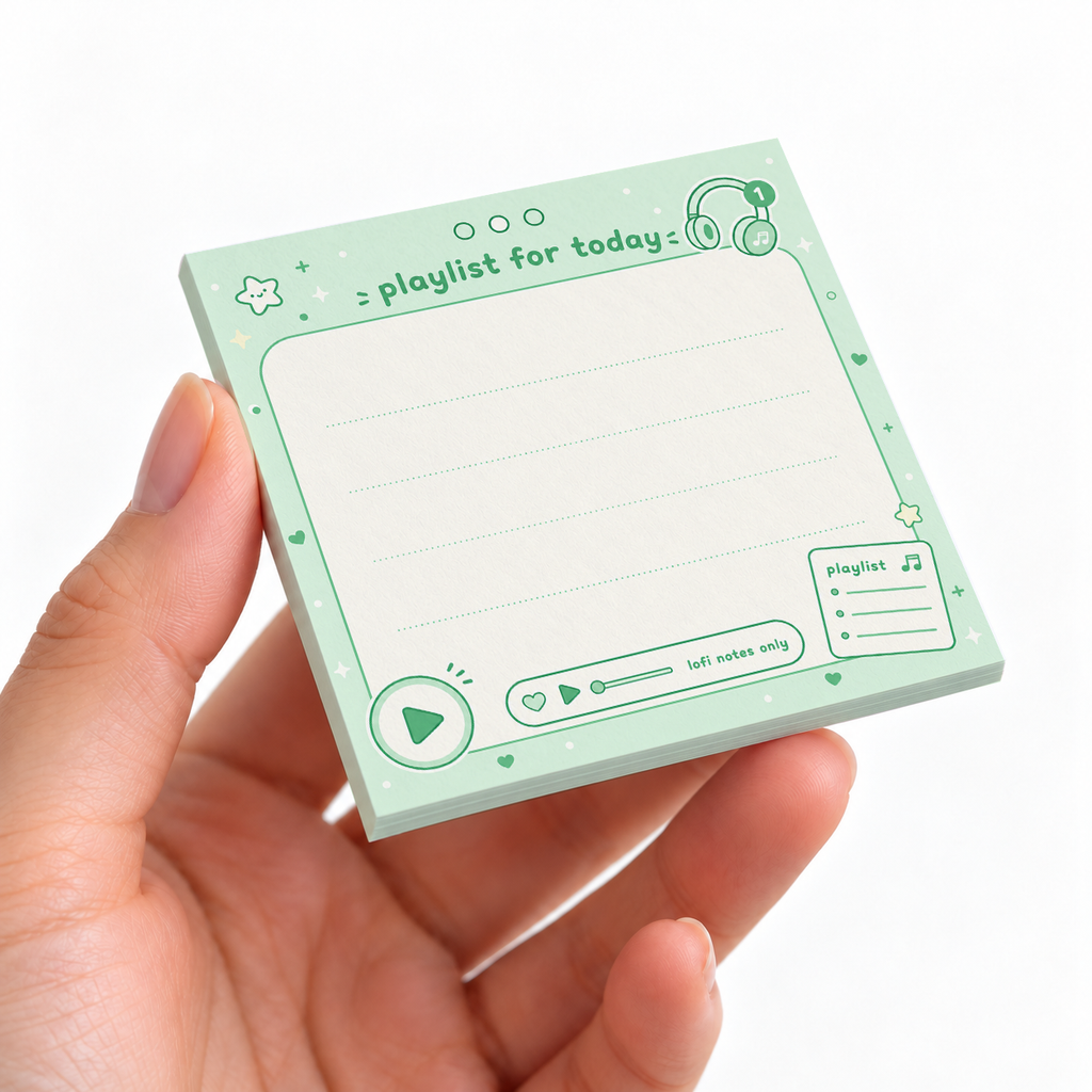 Green Playlist Memo Pad - Lofi Notes Only sticky note pad on a desk with stationery