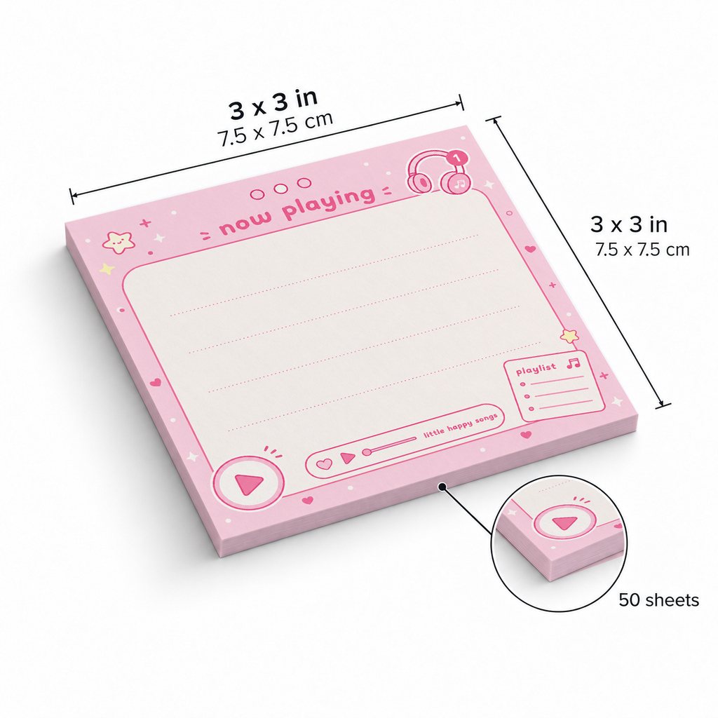 Pink Music Player Sticky Notes - Now Playing sticky notes, 3x3 in (7.5 x 7.5 cm), 50 sheets