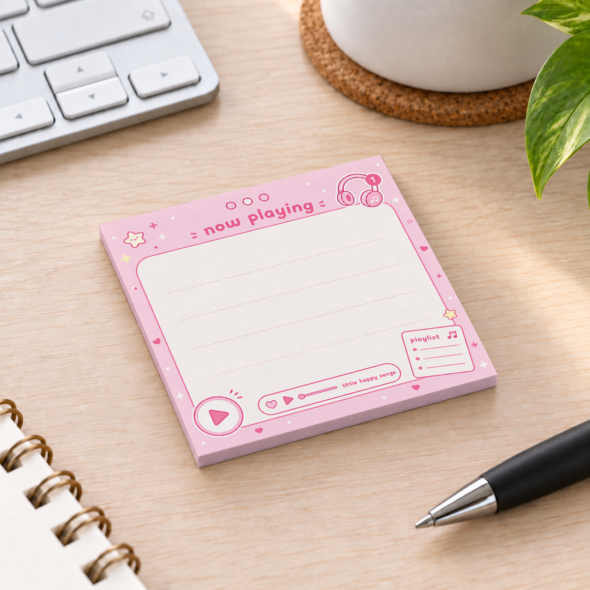Close-up of Pink Music Player Sticky Notes - Now Playing sticky note design and writable area