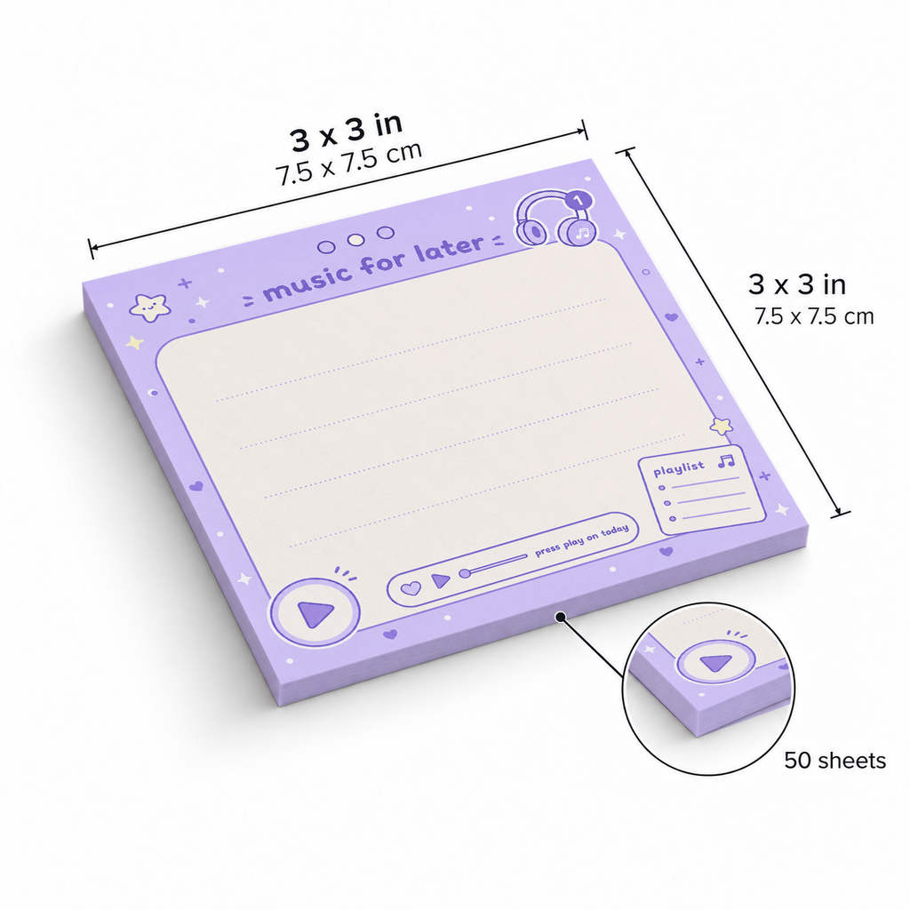 Purple Music Memo Pad - Music For Later sticky notes, 3x3 in (7.5 x 7.5 cm), 50 sheets