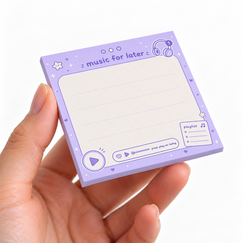 Purple Music Memo Pad - Music For Later sticky note pad on a desk with stationery