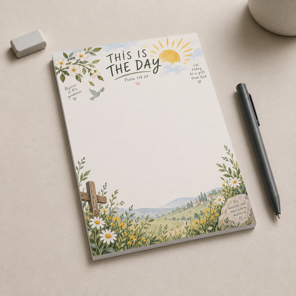 This Is The Day Psalm 118 memo pad featuring a floral landscape and cross, placed on a beige desk with a pen and eraser.
