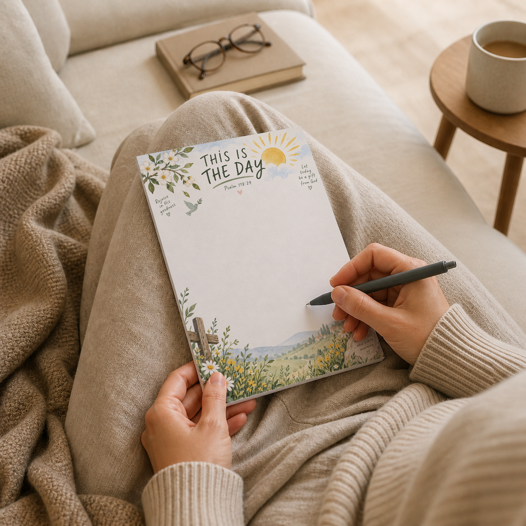 A person writing on the This Is The Day Psalm 118 memo pad on their lap while sitting on a sofa with a cozy blanket.