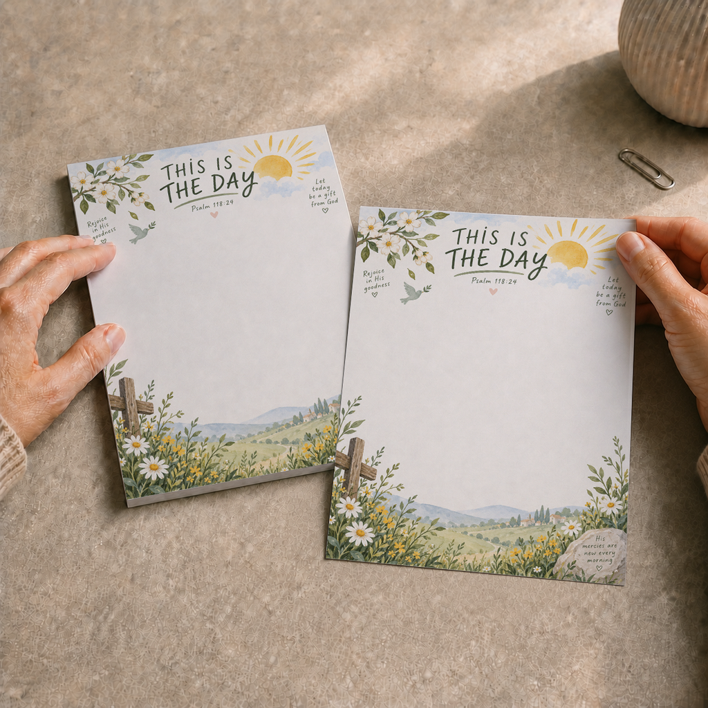 Hands holding a torn sheet beside the This Is The Day Psalm 118 Memo Pad on a sunlit table.