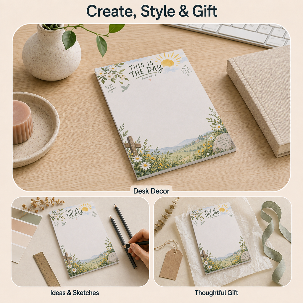 Collage featuring the tear-off memo pad as desk decor, used for sketching, and wrapped with ribbon as a gift.