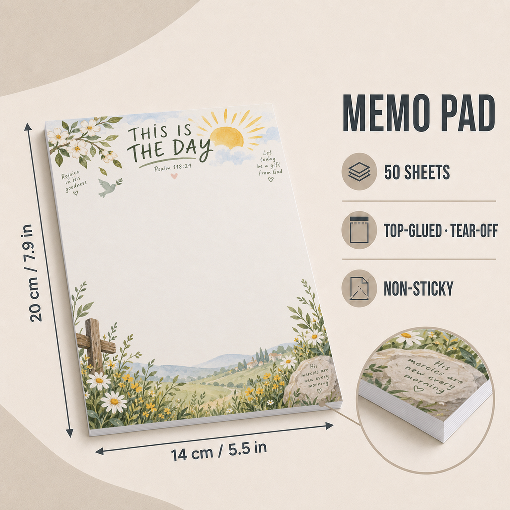 Size guide for the This Is The Day Psalm 118 memo pad showing it measures 14 by 20 cm with 50 non-sticky sheets.