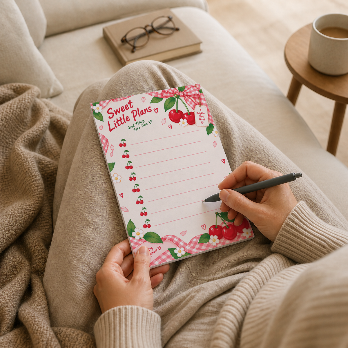 Person writing on the Sweet Little Plans cherry memo pad on their lap while relaxing on a beige sofa.