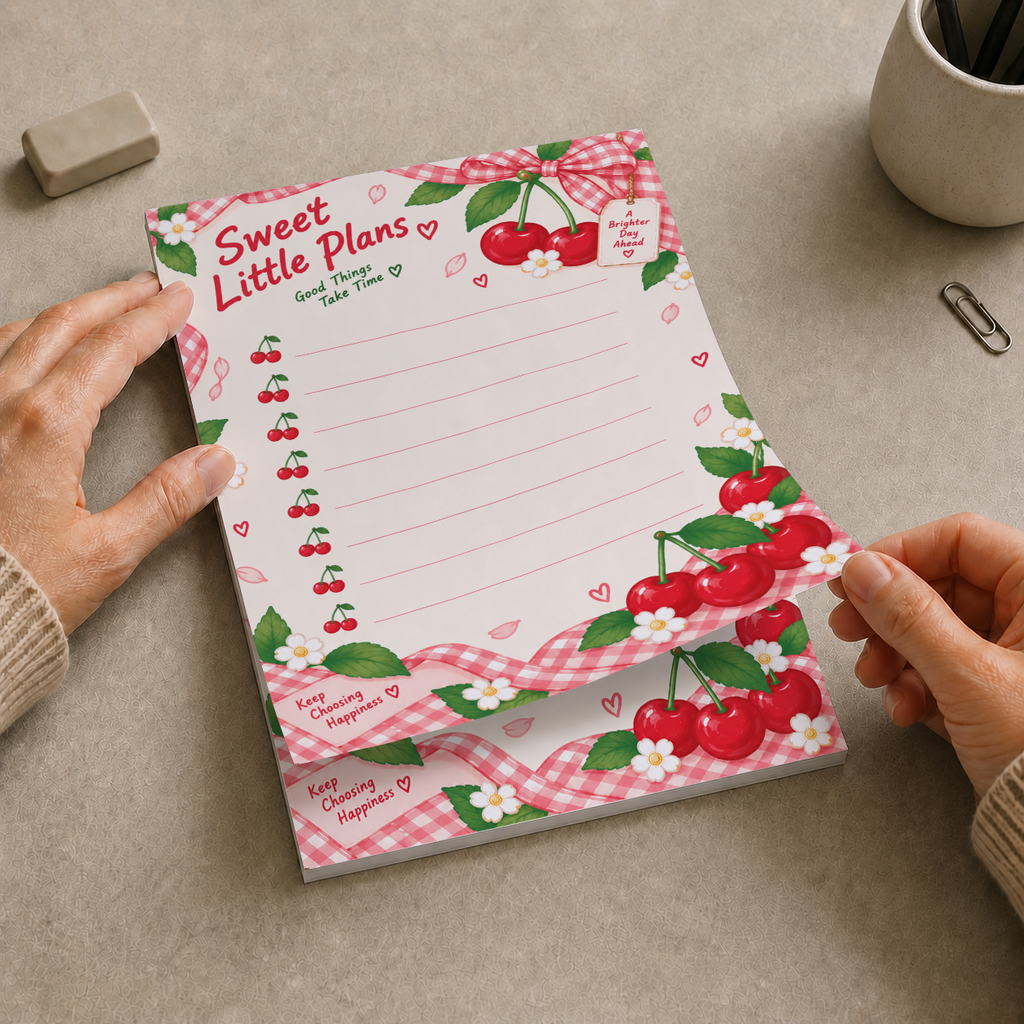 Hands lifting a sheet from the tear-off cherry memo pad on a desk with an eraser, paperclip, and pen cup.