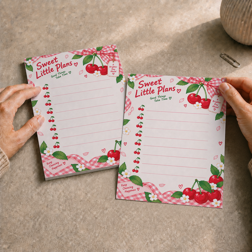 Hands hold a torn sheet from the Sweet Little Plans cherry memo pad next to the full pad on a desk with a paperclip.