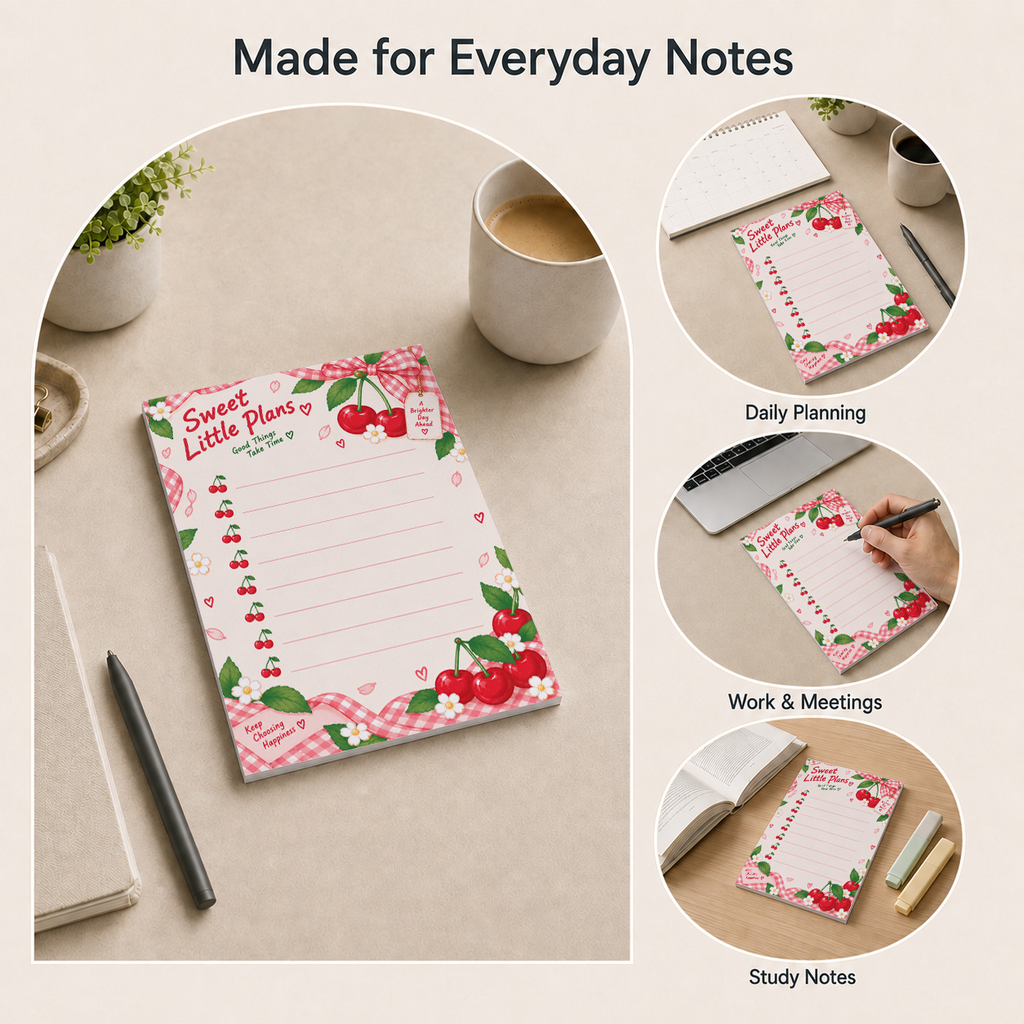 Sweet Little Plans Cherry Memo Pad displayed on various desks for daily planning, work meetings, and study notes.