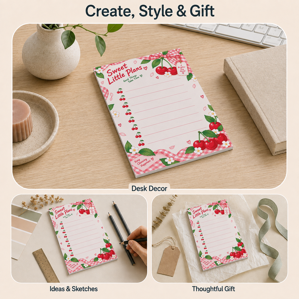Collage showing the cherry memo pad on a desk by a keyboard, being written on with a pencil, and styled as a gift.