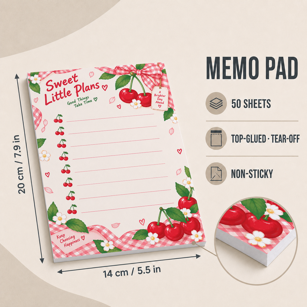 Dimensions of the cherry memo pad showing 14 by 20 cm, plus callouts for 50 top-glued, tear-off, and non-sticky sheets.