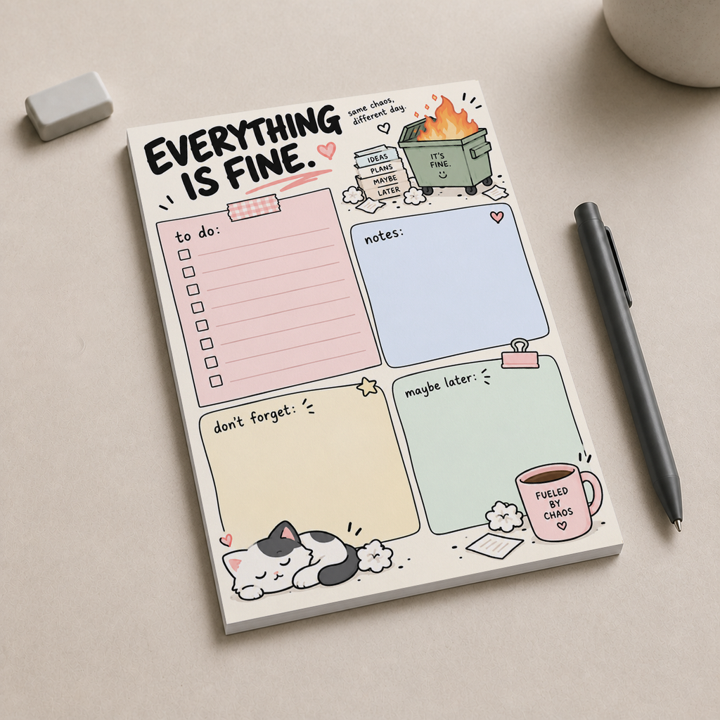 Everything Is Fine dumpster fire memo pad on a desk with a pen and eraser, featuring sections for to-dos and notes.