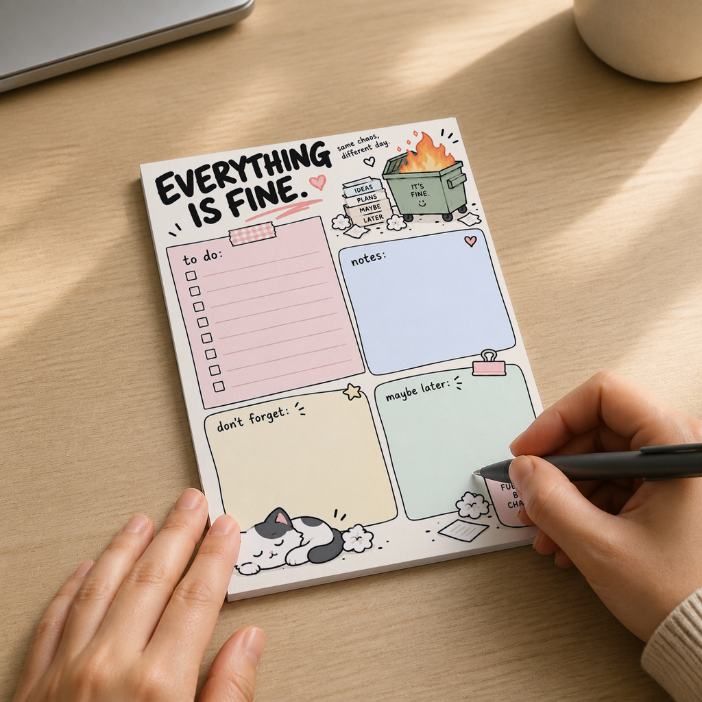 Person writing with a pen on the Everything Is Fine Dumpster Fire Memo Pad on a wooden desk.
