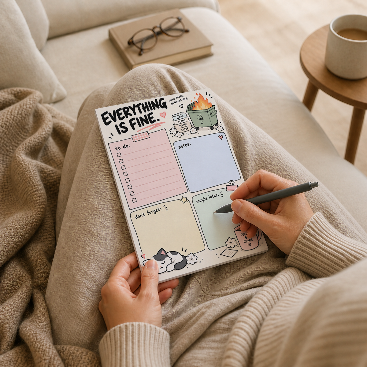 A person on a sofa writes with a pen on the Everything Is Fine dumpster fire memo pad resting on their lap.