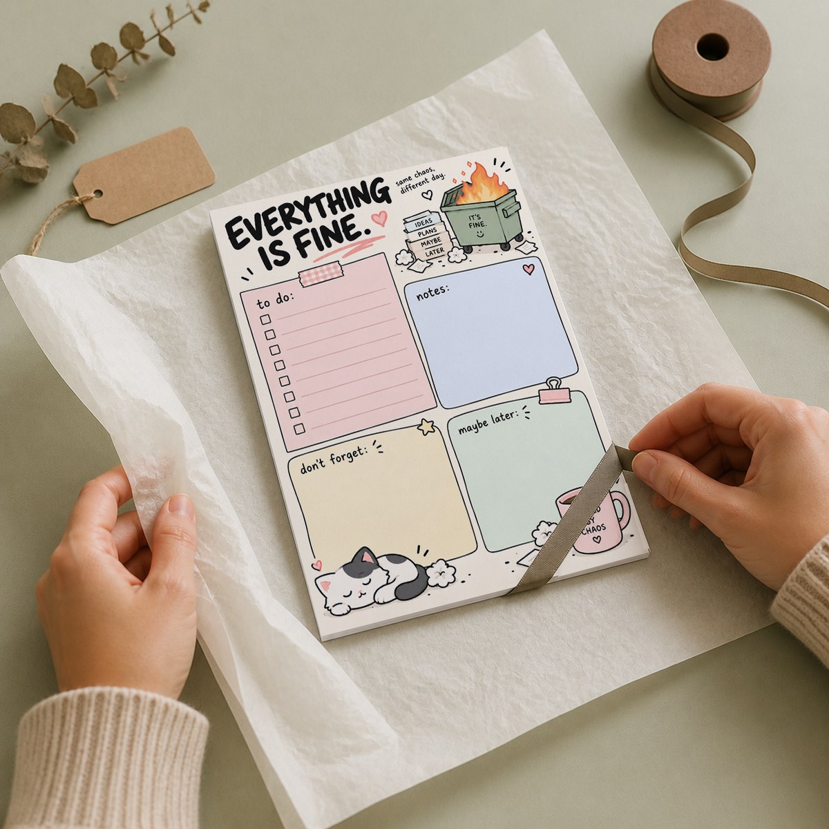 Hands unwrapping an Everything Is Fine Dumpster Fire Memo Pad from tissue paper on a green desk with a ribbon spool.