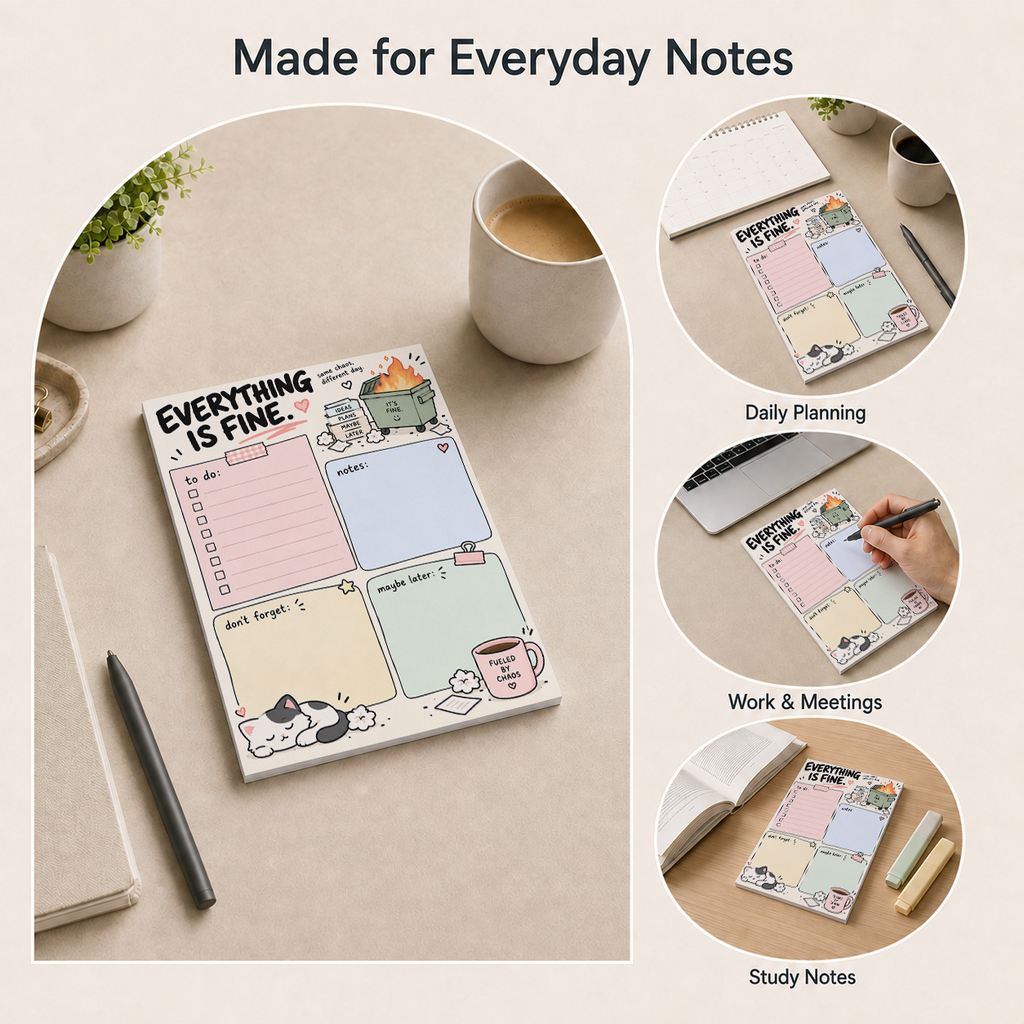 Everything Is Fine Dumpster Fire Memo Pad on a desk, with inset scenes for daily planning, work, and study notes.