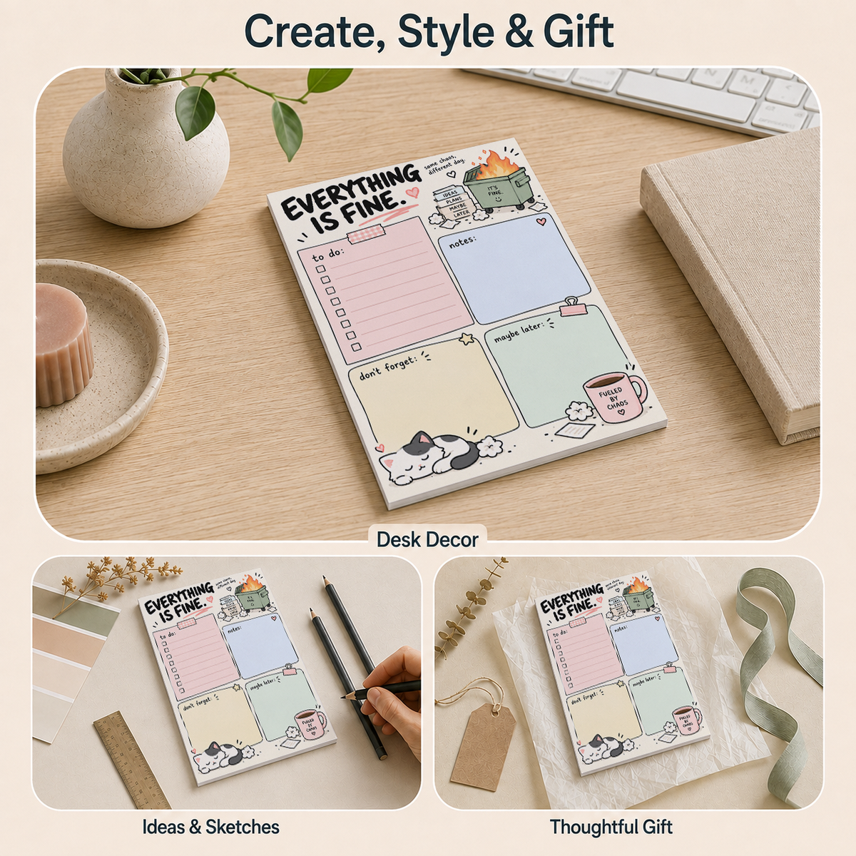 Everything Is Fine memo pad shown as desk decor, being written on with a pencil, and arranged as a thoughtful gift.