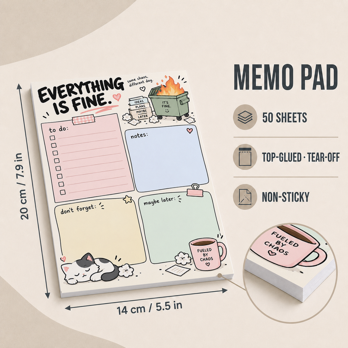 Dimensions of the dumpster fire memo pad showing a 14 by 20 cm size, 50 sheets, and a non-sticky tear-off top edge.
