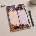 Spooky Haunted House Memo Pad with 'Today' and 'Later' checklists on a desk next to a black pen and white eraser