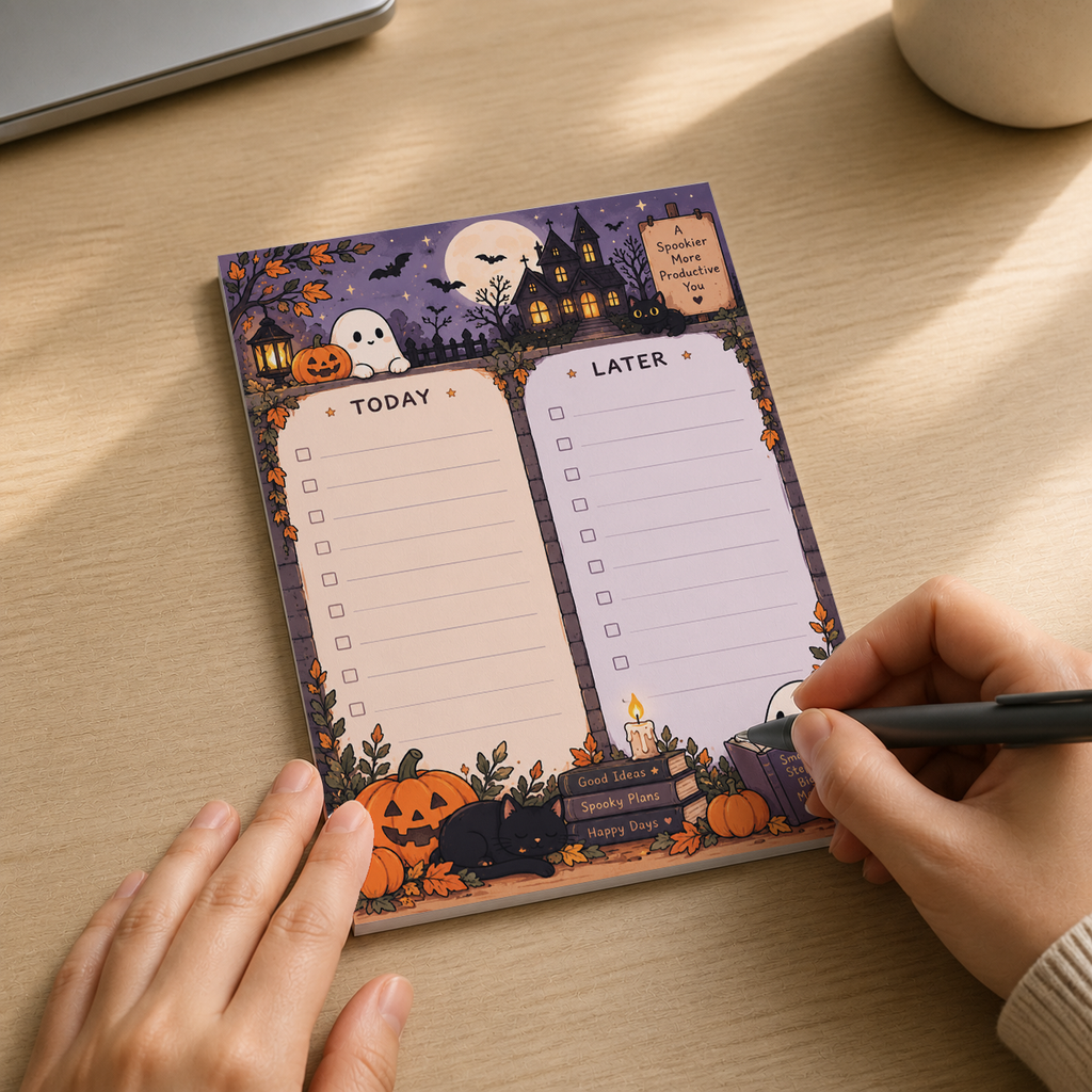 Hands writing on a spooky haunted house memo pad featuring Today and Later lists, resting on a wooden desk.