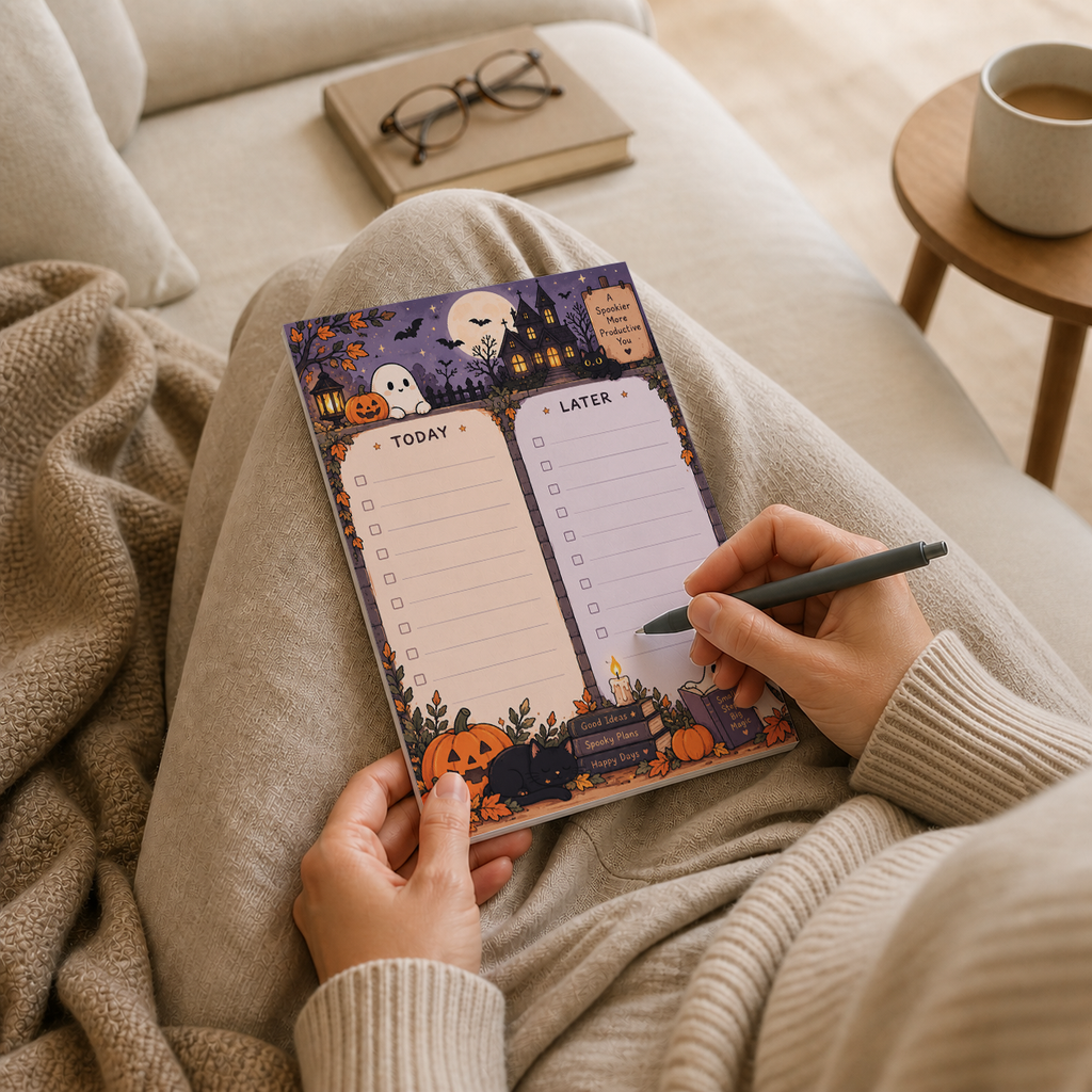 A person writing on a Spooky Haunted House Memo Pad in their lap while relaxing on a sofa with a cozy blanket.
