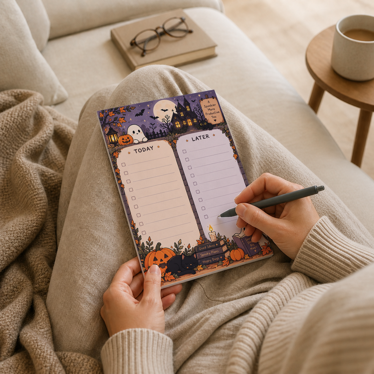 A person writing on a Spooky Haunted House Memo Pad in their lap while relaxing on a sofa with a cozy blanket.