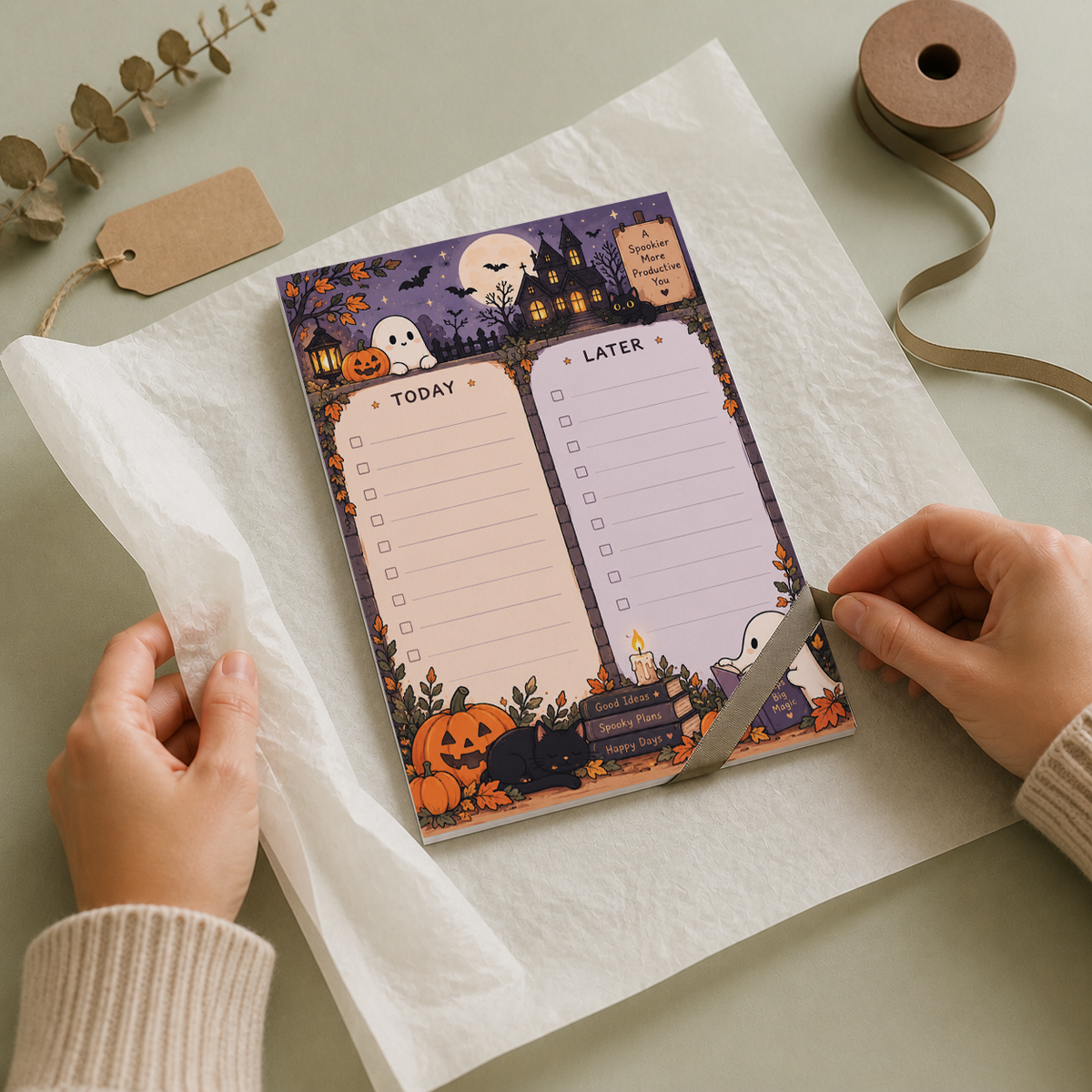 Hands unwrapping a Spooky Haunted House Memo Pad from white tissue paper next to a ribbon roll and blank gift tag.