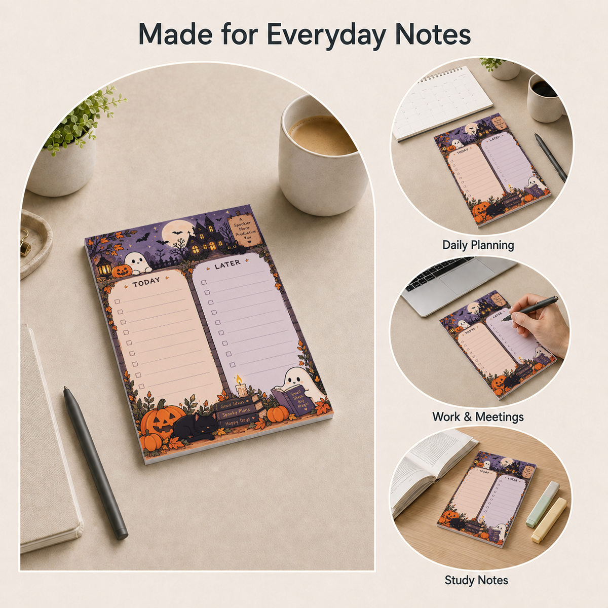 Spooky haunted house memo pad shown on various desks for daily planning, work meetings, and taking study notes.