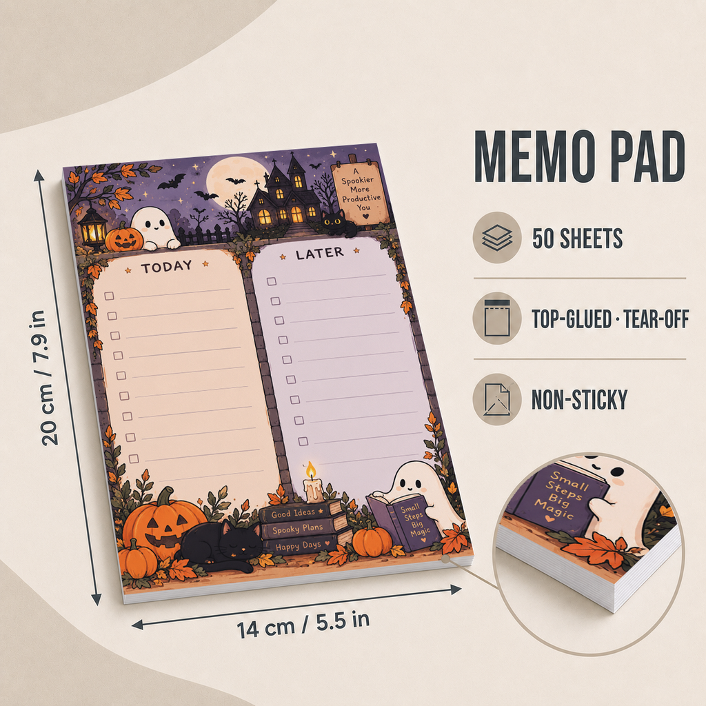 Size chart for the Spooky Haunted House Memo Pad, indicating 14 by 20 cm dimensions and 50 non-sticky tear-off sheets.