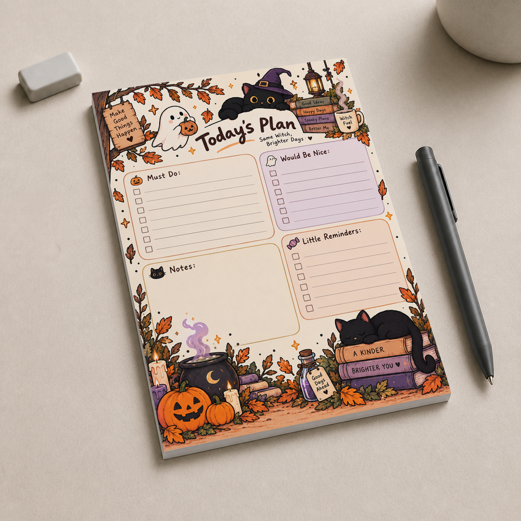 Spooky Witch Cat Today's Plan Notepad featuring Halloween designs, placed on a desk with a black pen and an eraser.