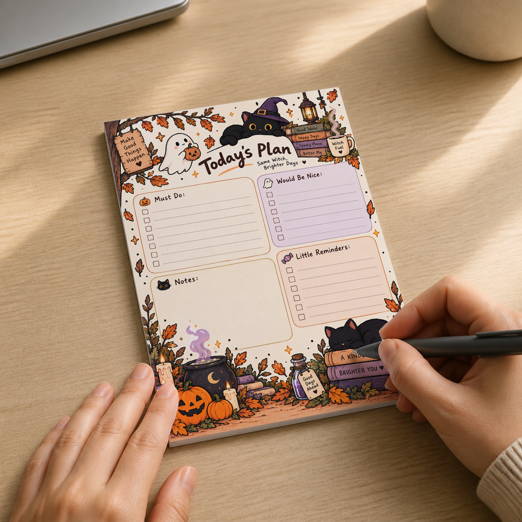 Hands writing with a black pen on the Spooky Witch Cat Today's Plan Notepad on a wooden desk.